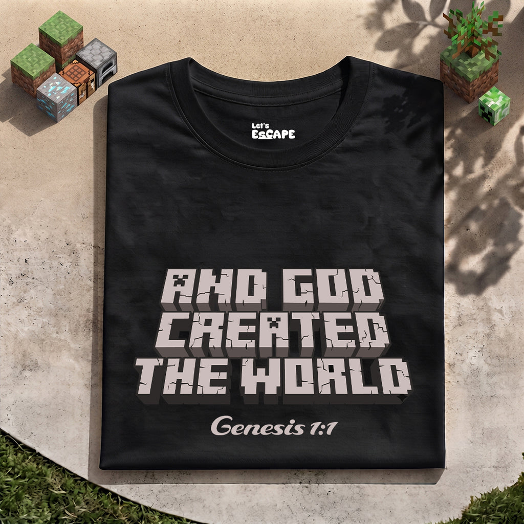 Pixel Block "And God Created The World" Christian Gamer Cotton T-Shirt